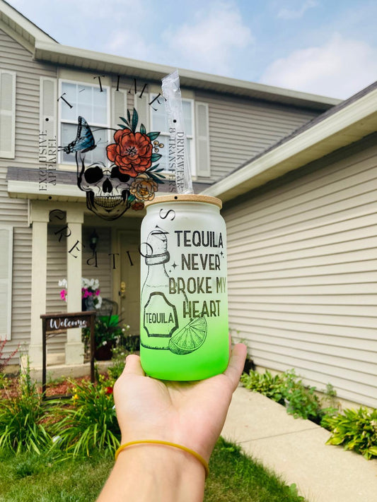 Tequila Never Broke My heart 16Oz Glass Bamboo Cup